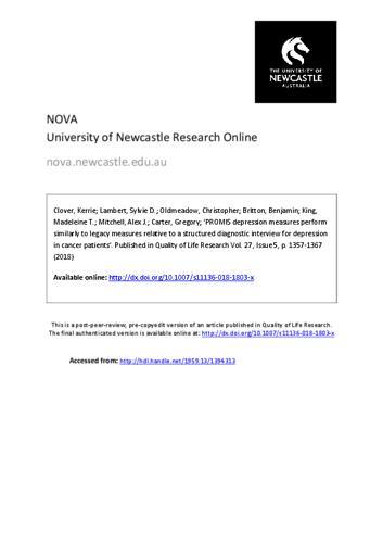 Promis Depression Measures Perform Similarly To Legacy Measures Relative To A Structured Diagnostic Interview For Depression In Cancer Patients